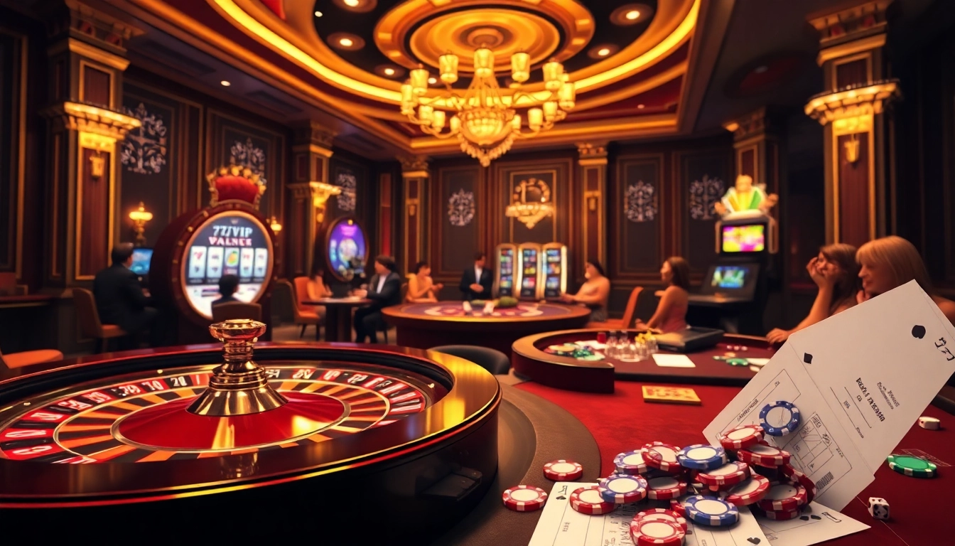 Excited players engaging in high-stakes games at a luxurious casino featuring 777VIP branding.