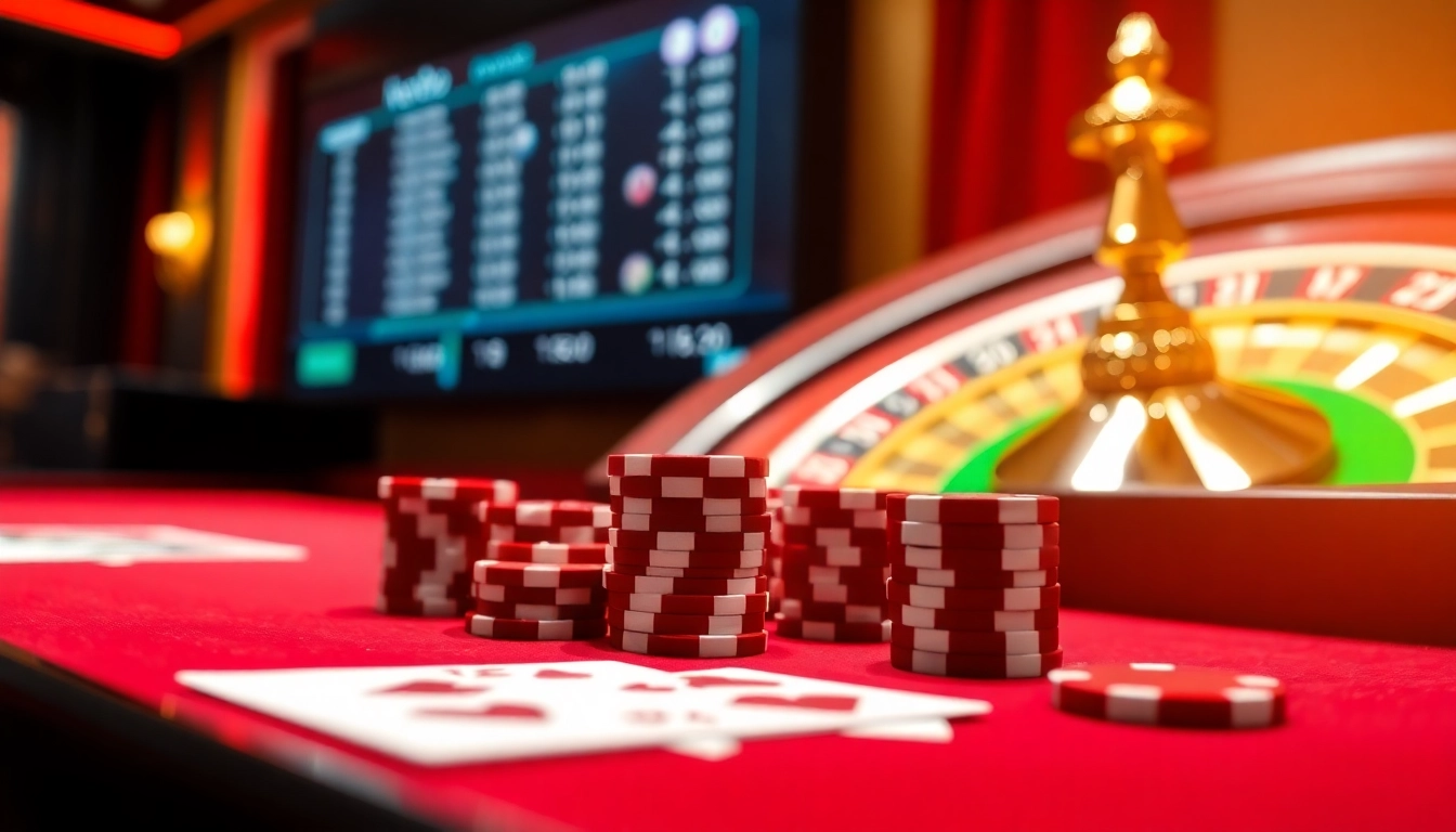 Experience the thrill of gambling at new88 with a vibrant casino scene featuring a poker table and roulette wheel.