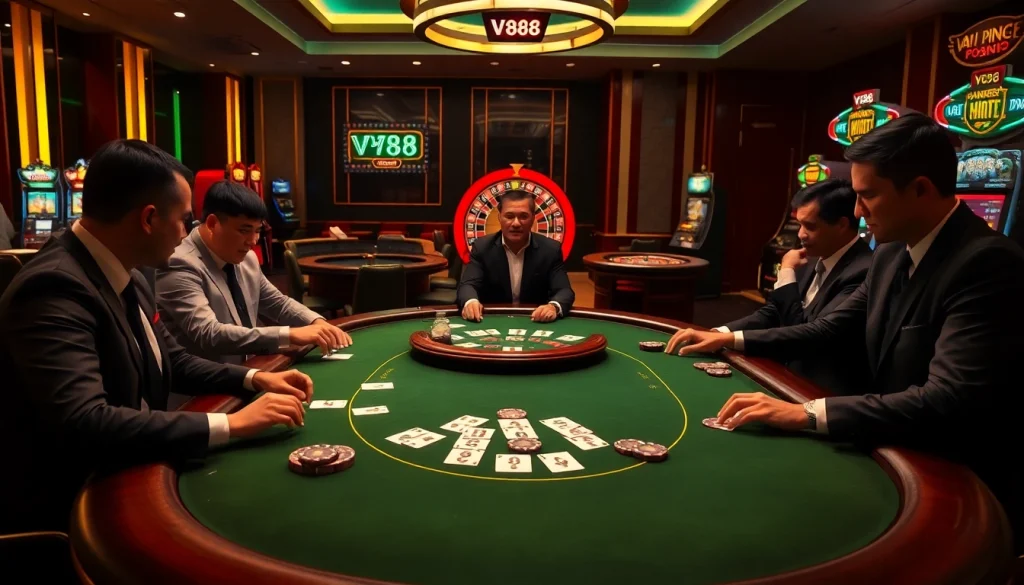 Experience the thrill of VN88 with intense poker action at a vibrant casino table.