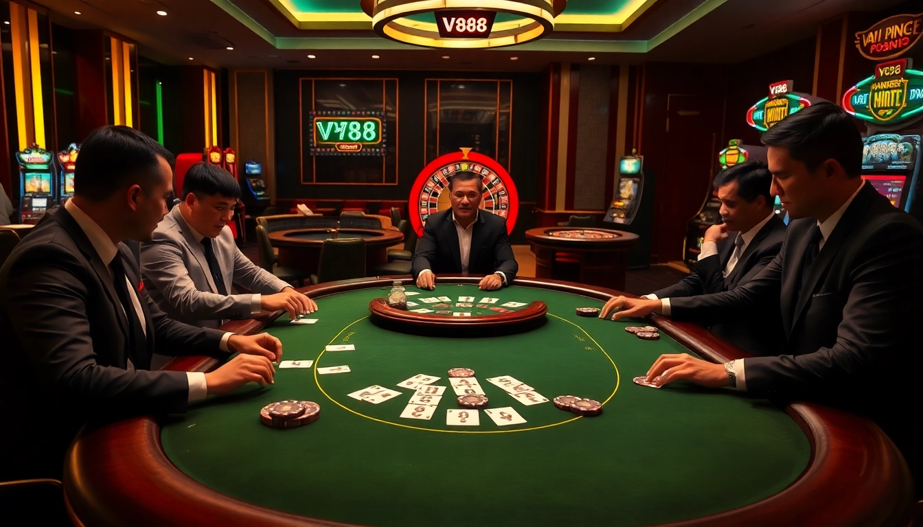 Experience the thrill of VN88 with intense poker action at a vibrant casino table.