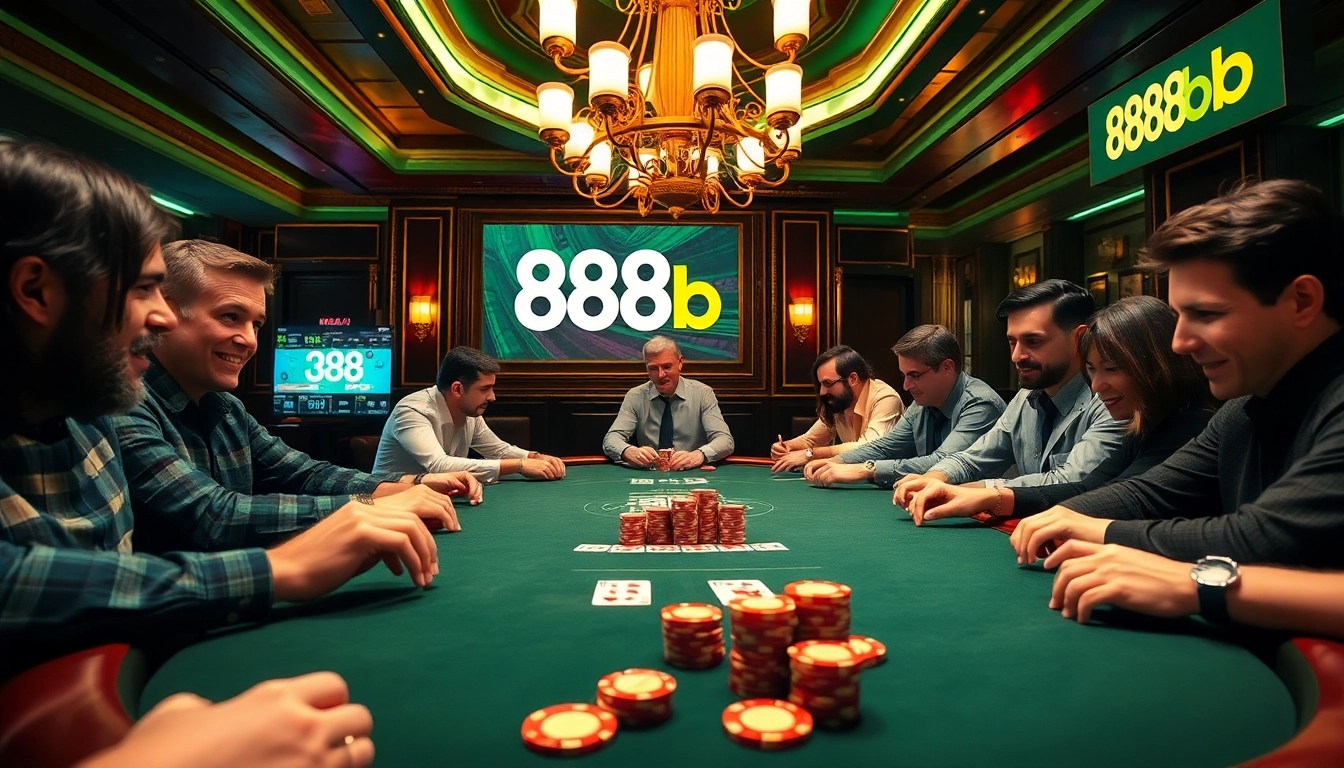 A thrilling casino atmosphere featuring an exciting poker table with '888b' branding and eager players.