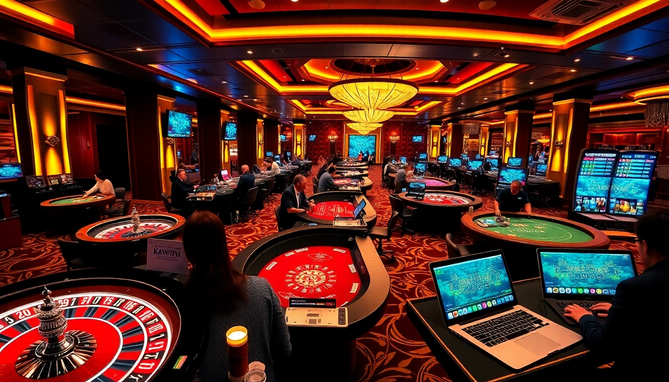 Kuwin đăng nhập at a luxurious online casino showcasing vibrant roulette wheels and engaging poker tables.