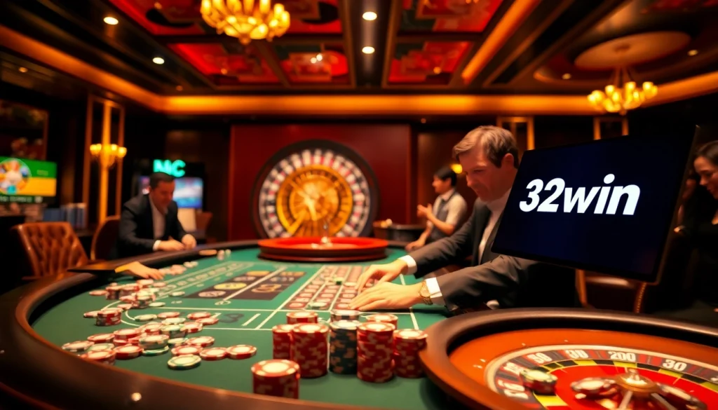 Players enjoying a thrilling game at 32win's luxurious casino environment, with vibrant poker chips and a roulette wheel.
