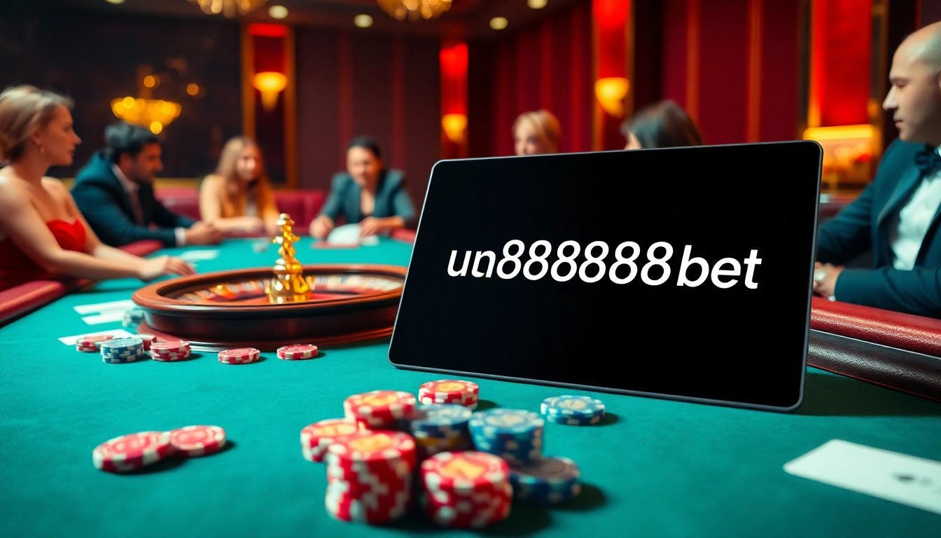 Players enjoying an exciting poker game with u888bet chips and cards in a luxurious casino.