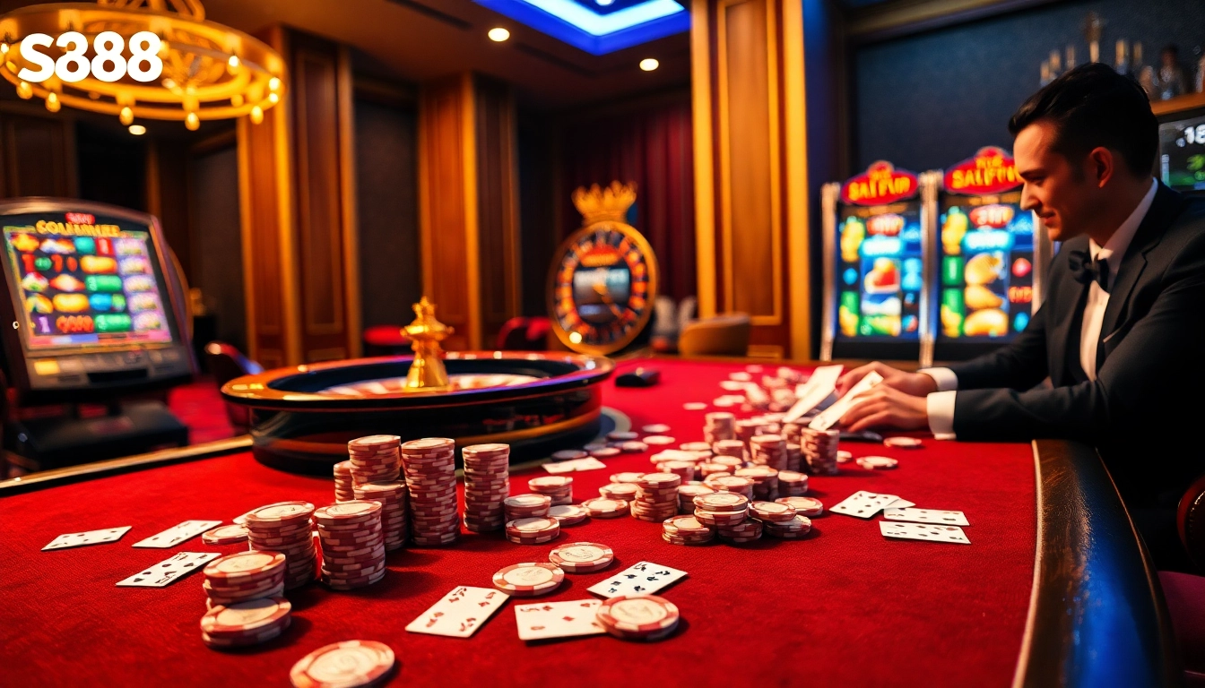 S88VIP poker players engaging at a luxurious casino table with shining chips and cards.