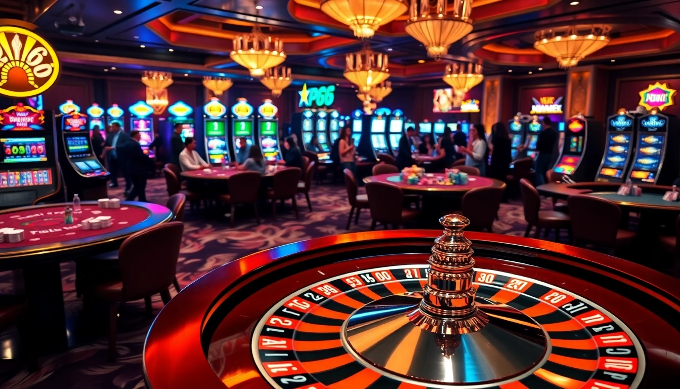 Experience thrilling games at PG66's luxurious casino with vibrant roulette and poker tables.