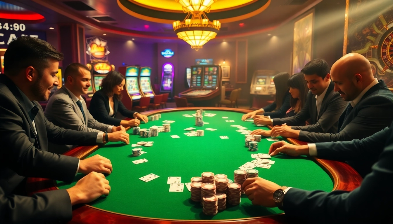 Exciting poker game action at the casino with players and chips at https://mm88.sh/.