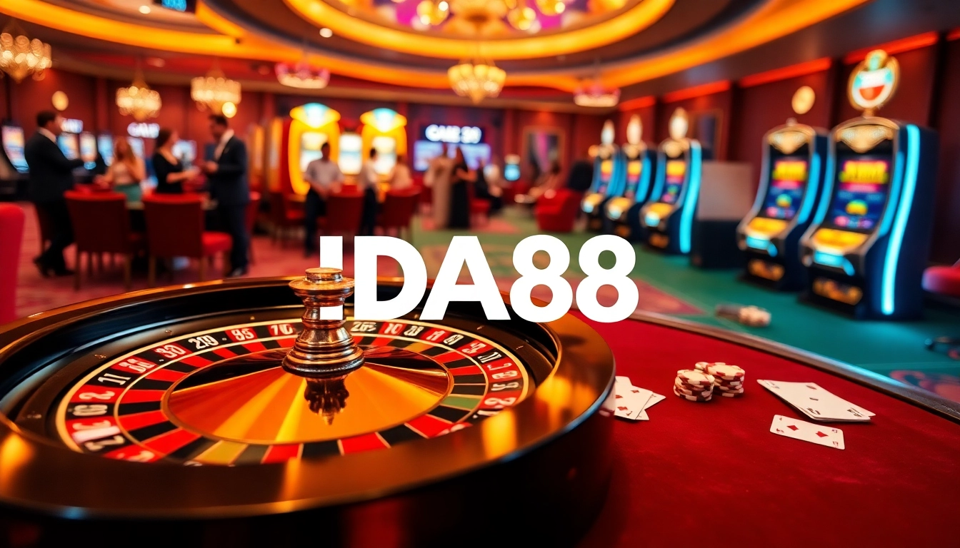 Engaging scene with DA88 branding at a casino table featuring cards and chips.