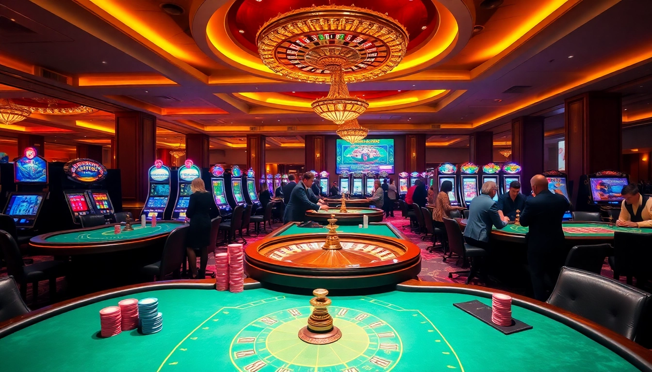 A thrilling casino scene showcasing dynamic gameplay at https://rr88.wales/ with vibrant tables and exciting players.