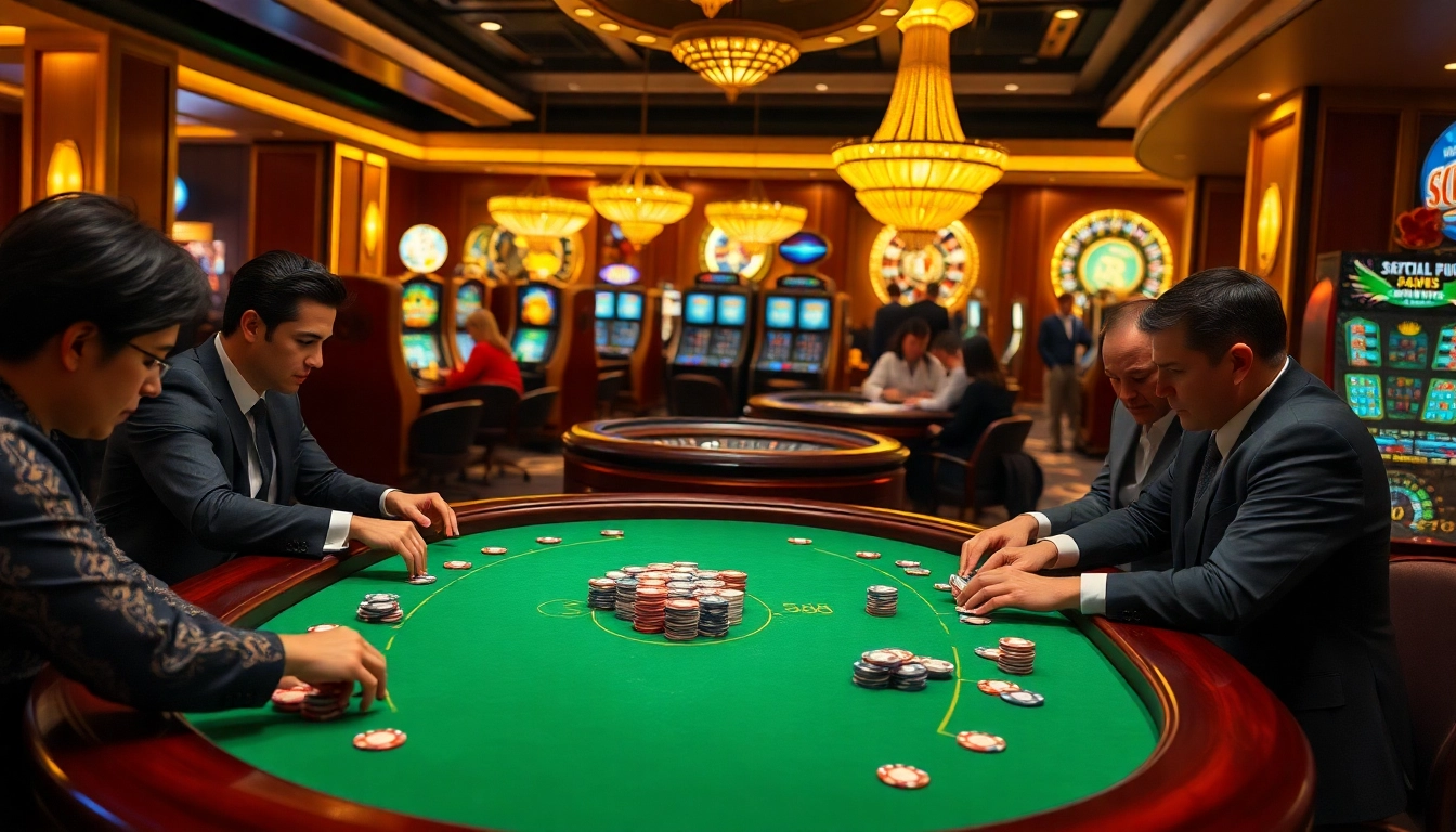 SV88 poker table with players engaging in high-stakes gambling, showcasing excitement and luxury.