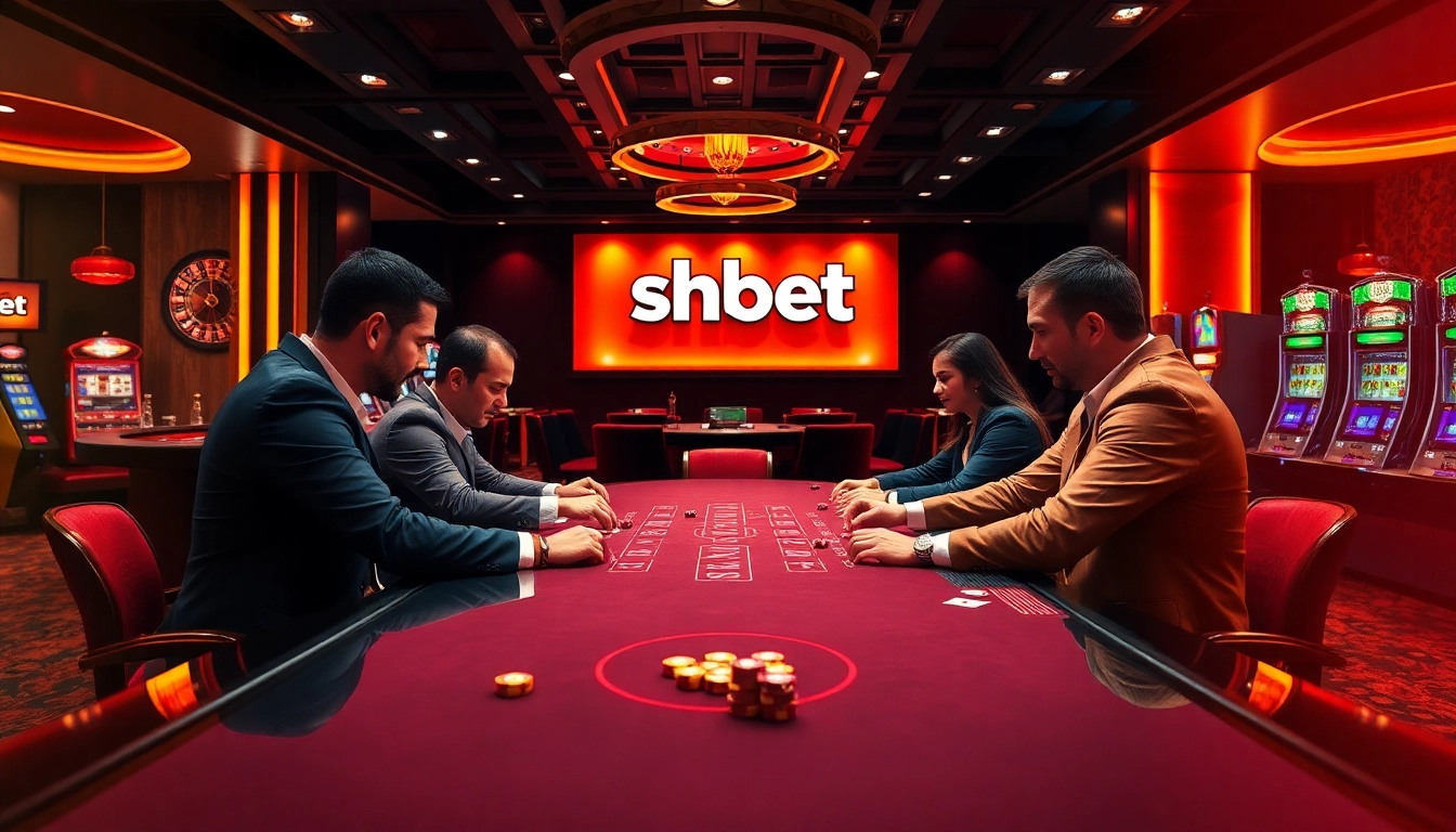 Players are engaged in a thrilling card game at a luxurious casino table in shbet's vibrant atmosphere.
