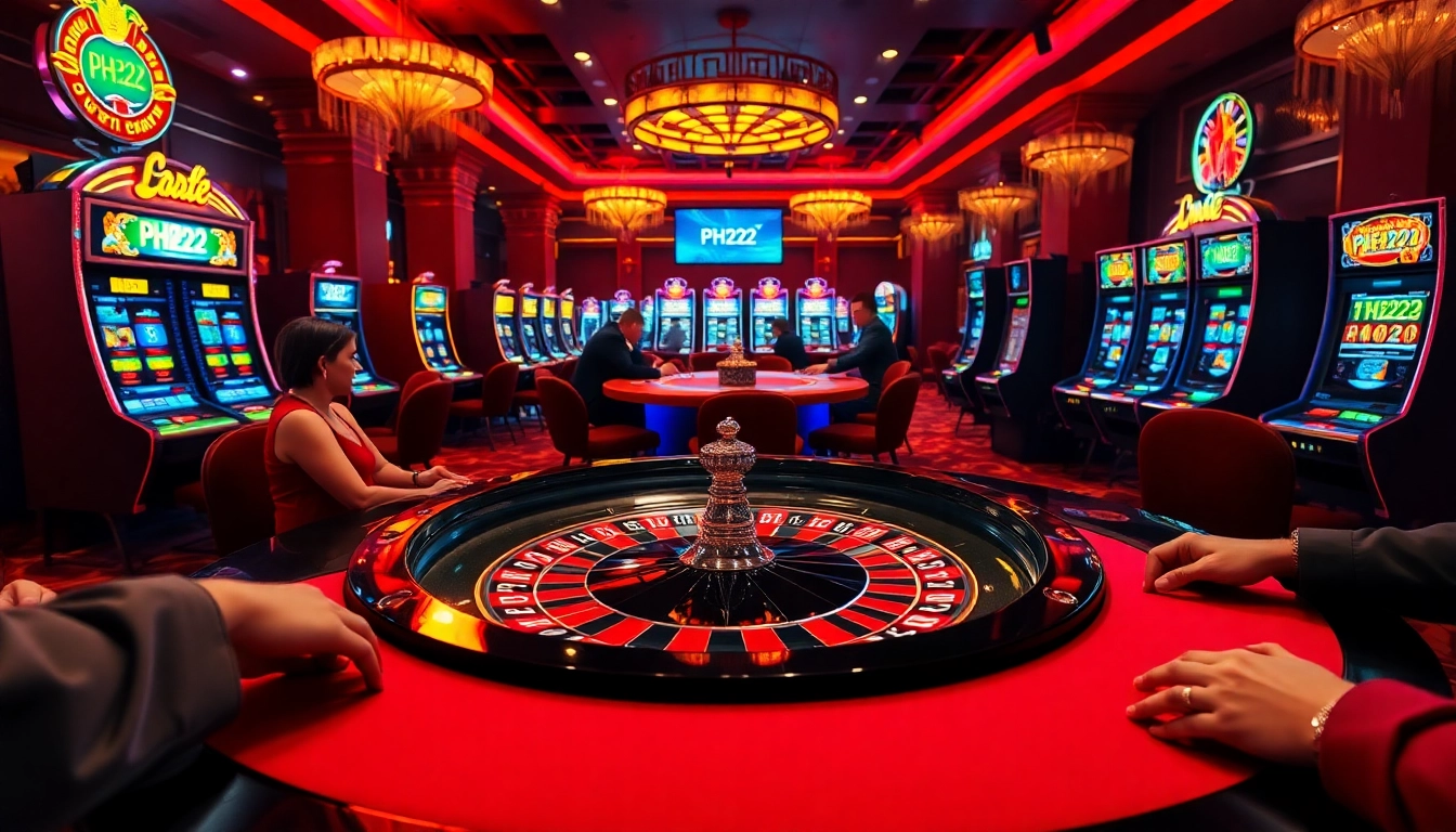 Players enjoying engaging poker games at PH222 casino, featuring vibrant slot machines.