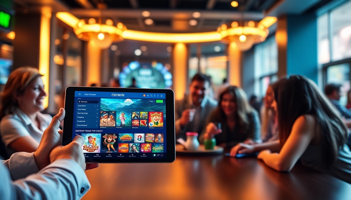 Okwin showcases innovative gaming experience on a sleek tablet, highlighting vibrant game options.