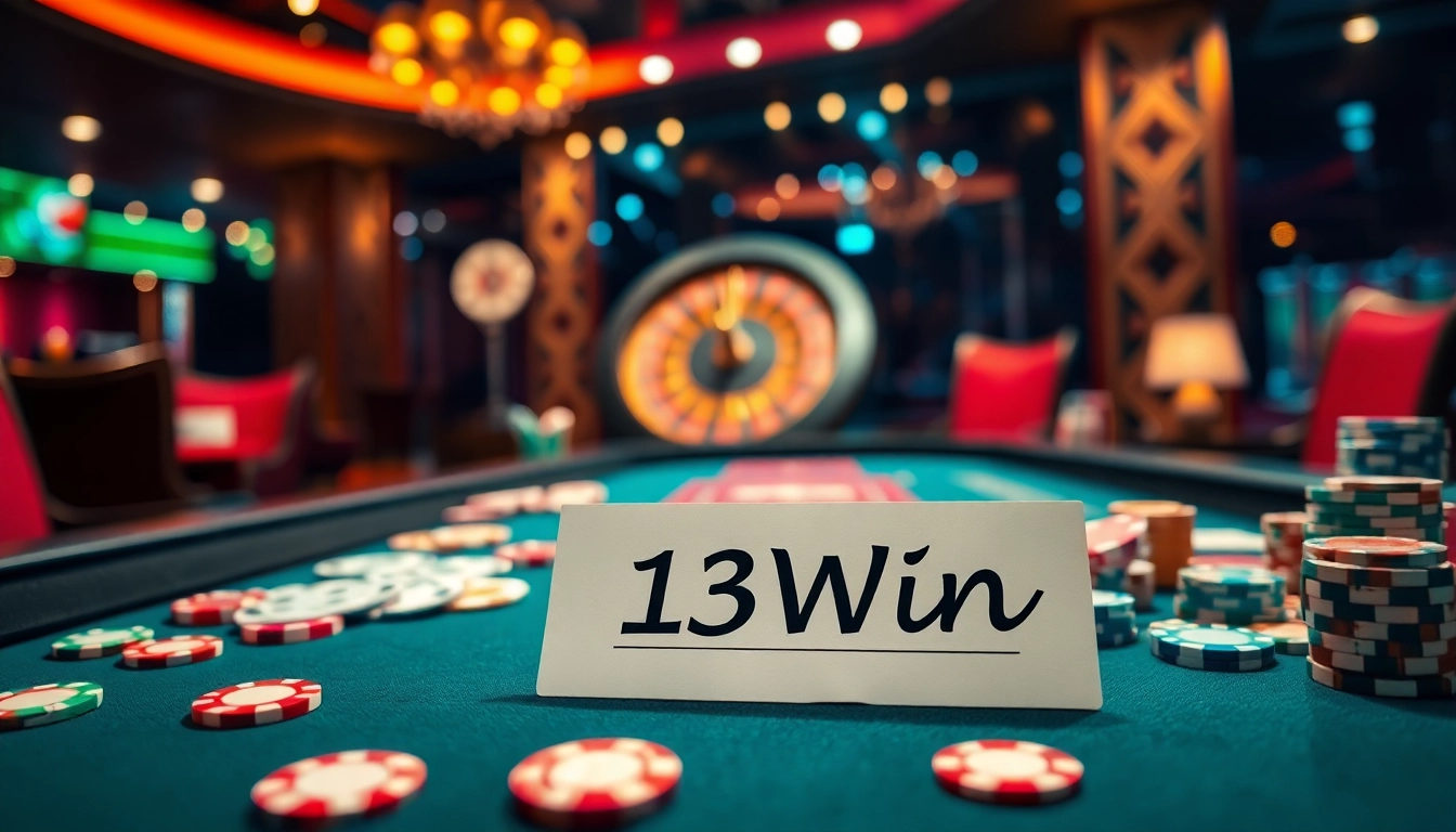 Sophisticated 13Win gambling scene showcasing a poker table with chips, cards, and a roulette wheel.