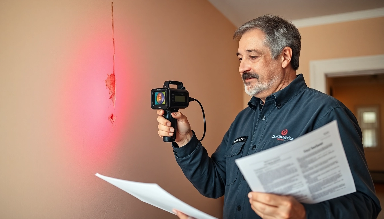 Leak detection technician uses thermal imaging camera in a home to identify leaks.