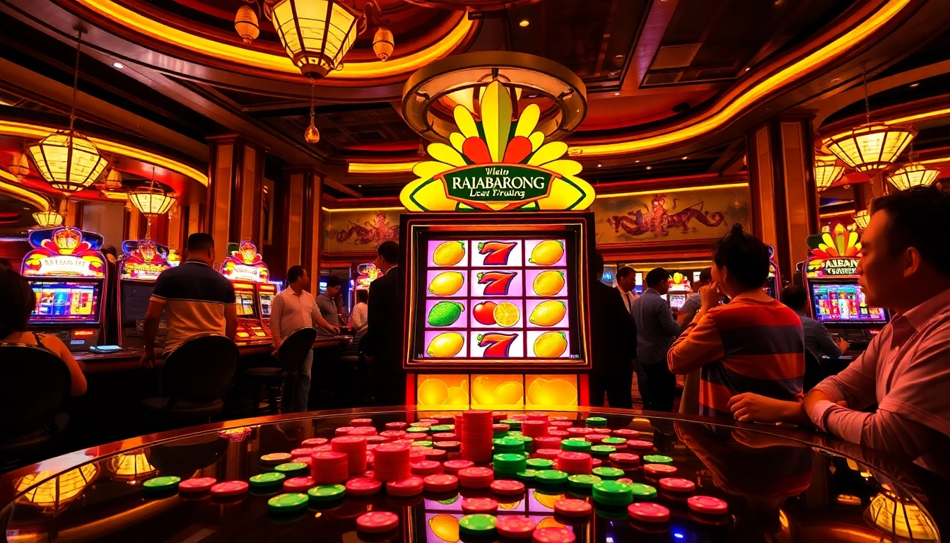 Players enjoying the RAJABARONG slot machine in a luxurious casino setting, celebrating wins and excitement.