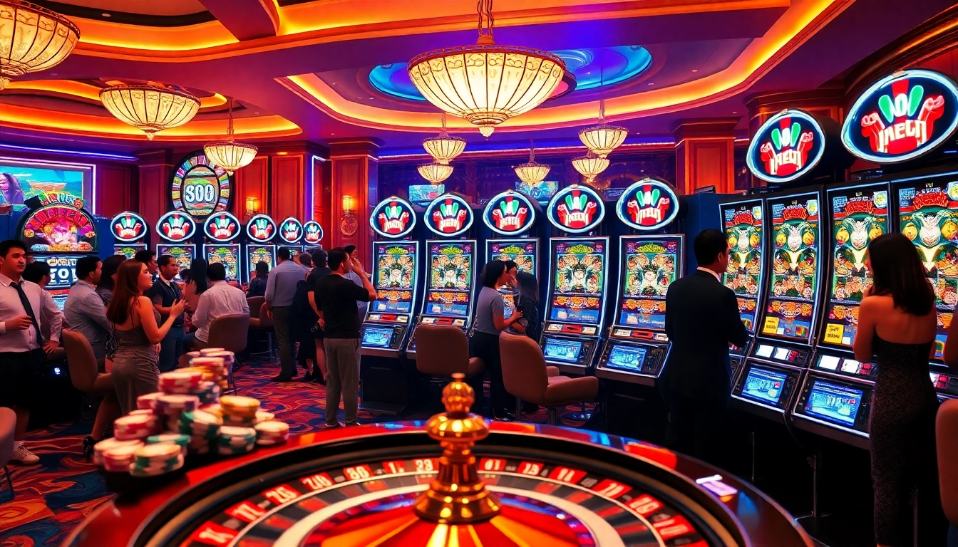 Experience the excitement of nổ hũ with vibrant slot machines and a lively casino atmosphere.