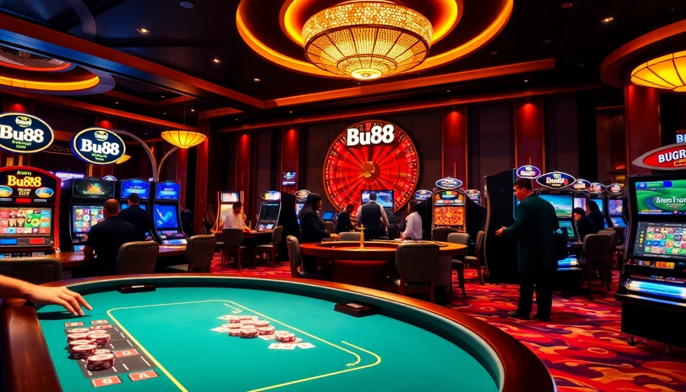 Excited players enjoy gambling at Bu88's upscale casino games with vibrant tables and slot machines.