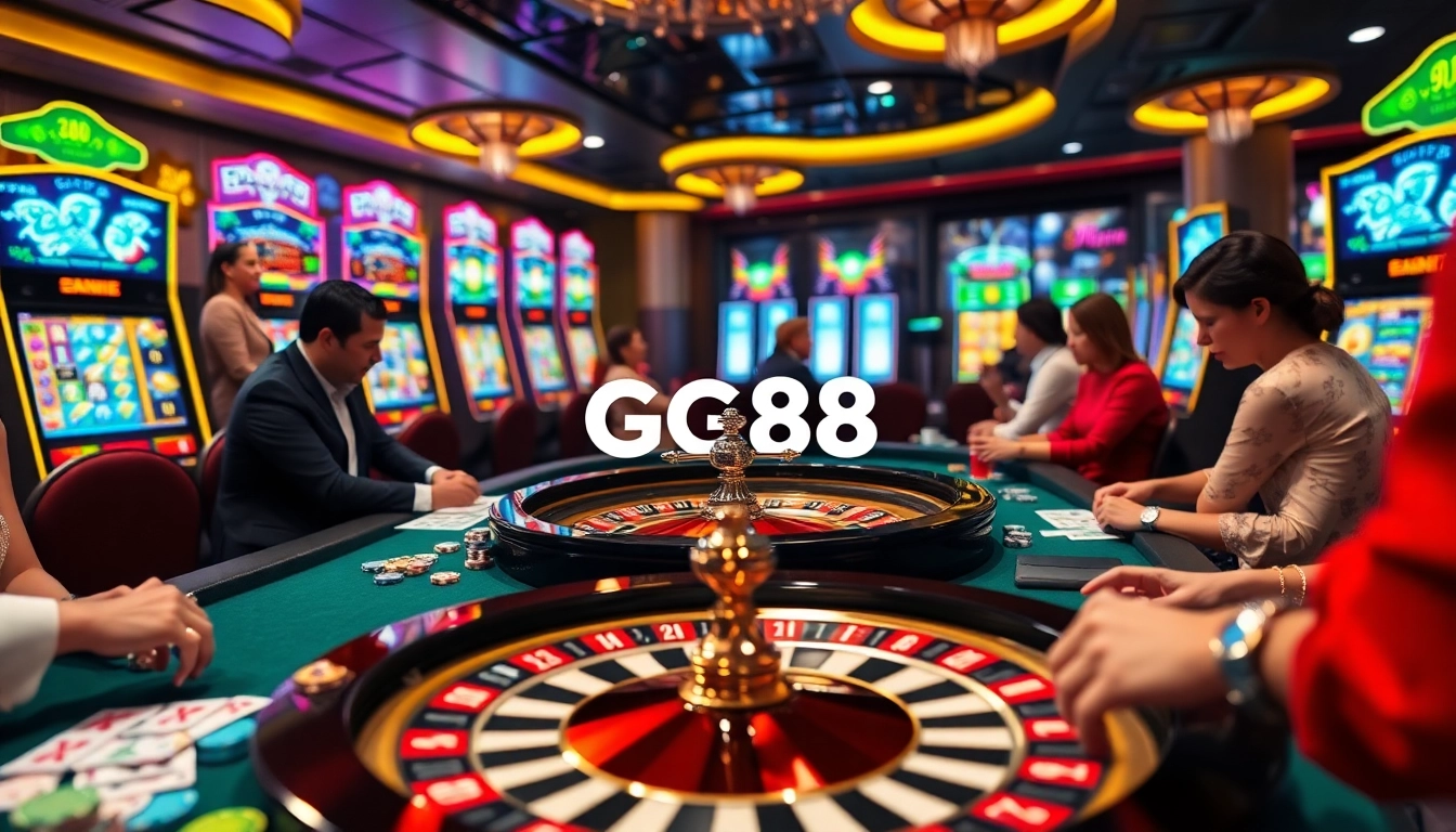 Players enjoying a thrilling game at GG88 casino table with vibrant chips and cards.