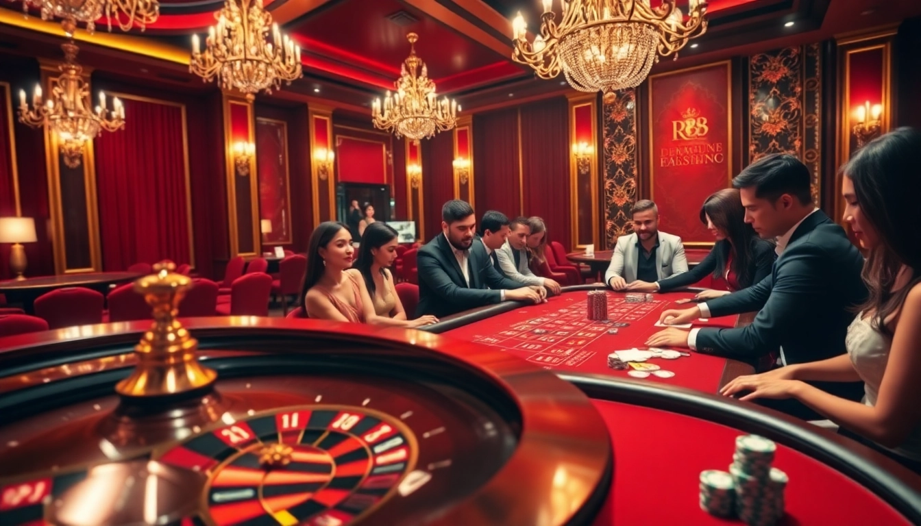 Experience thrilling gameplay with RR88 at a luxurious casino featuring roulette and poker.