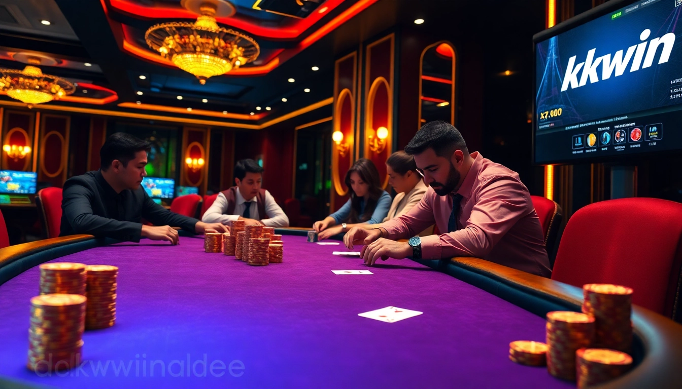 Intense players engaging in high-stakes poker at KKWIN casino, surrounded by vibrant lights and gaming elements.