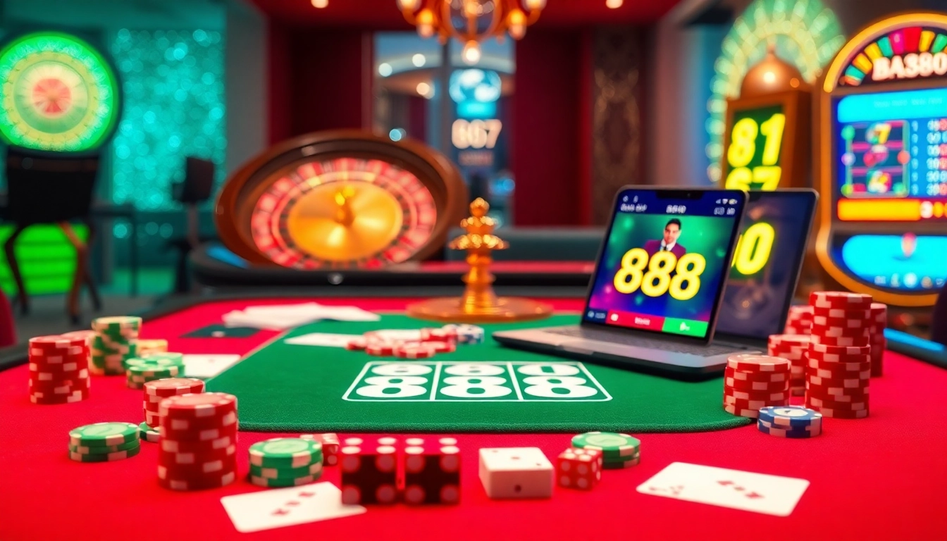 BJ 888 casino scene with vibrant table layout, casino chips, and a glowing roulette wheel.