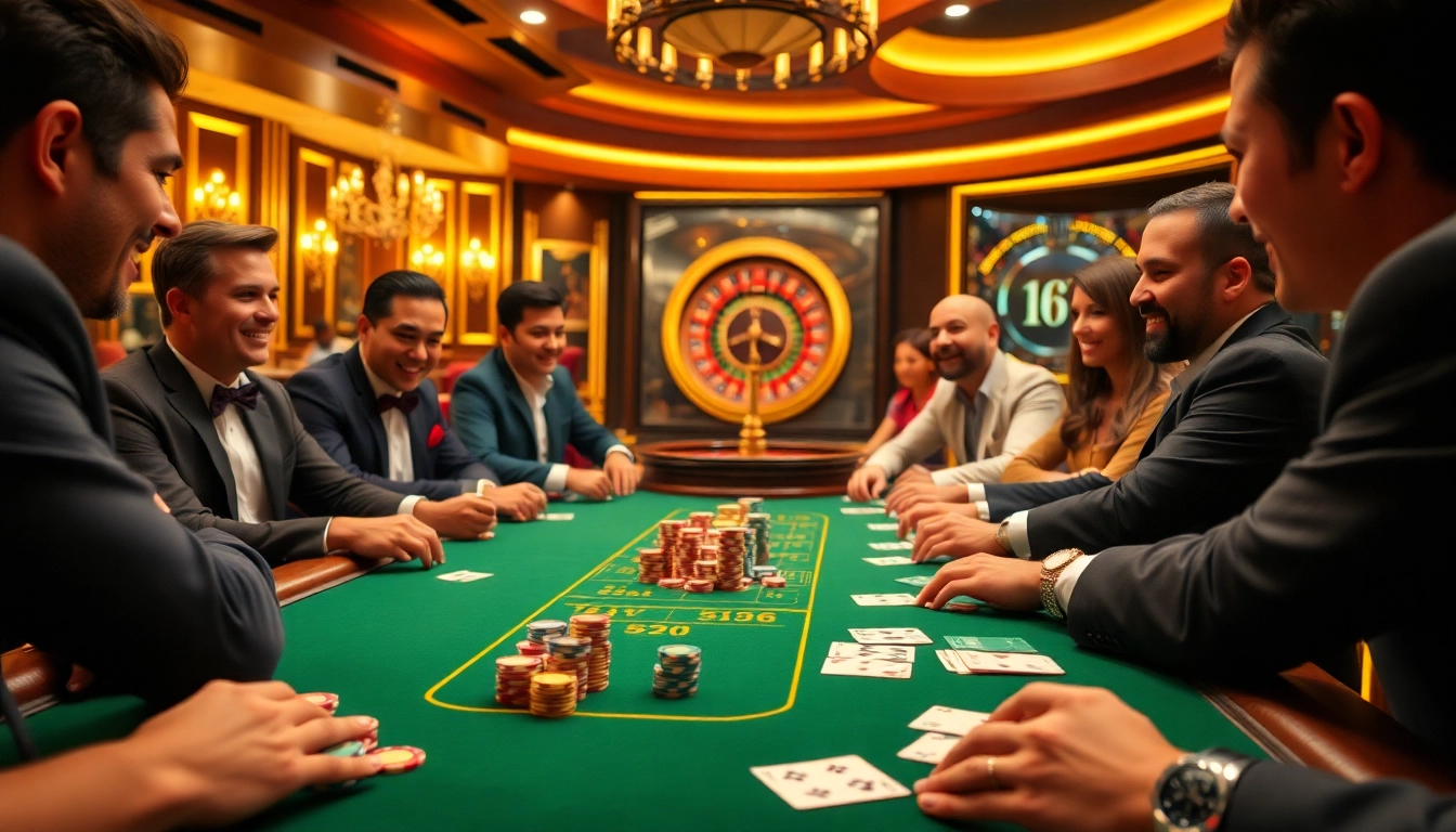 Players enjoying a thrilling round of poker at kuwin 789's luxurious casino table with vibrant colors.