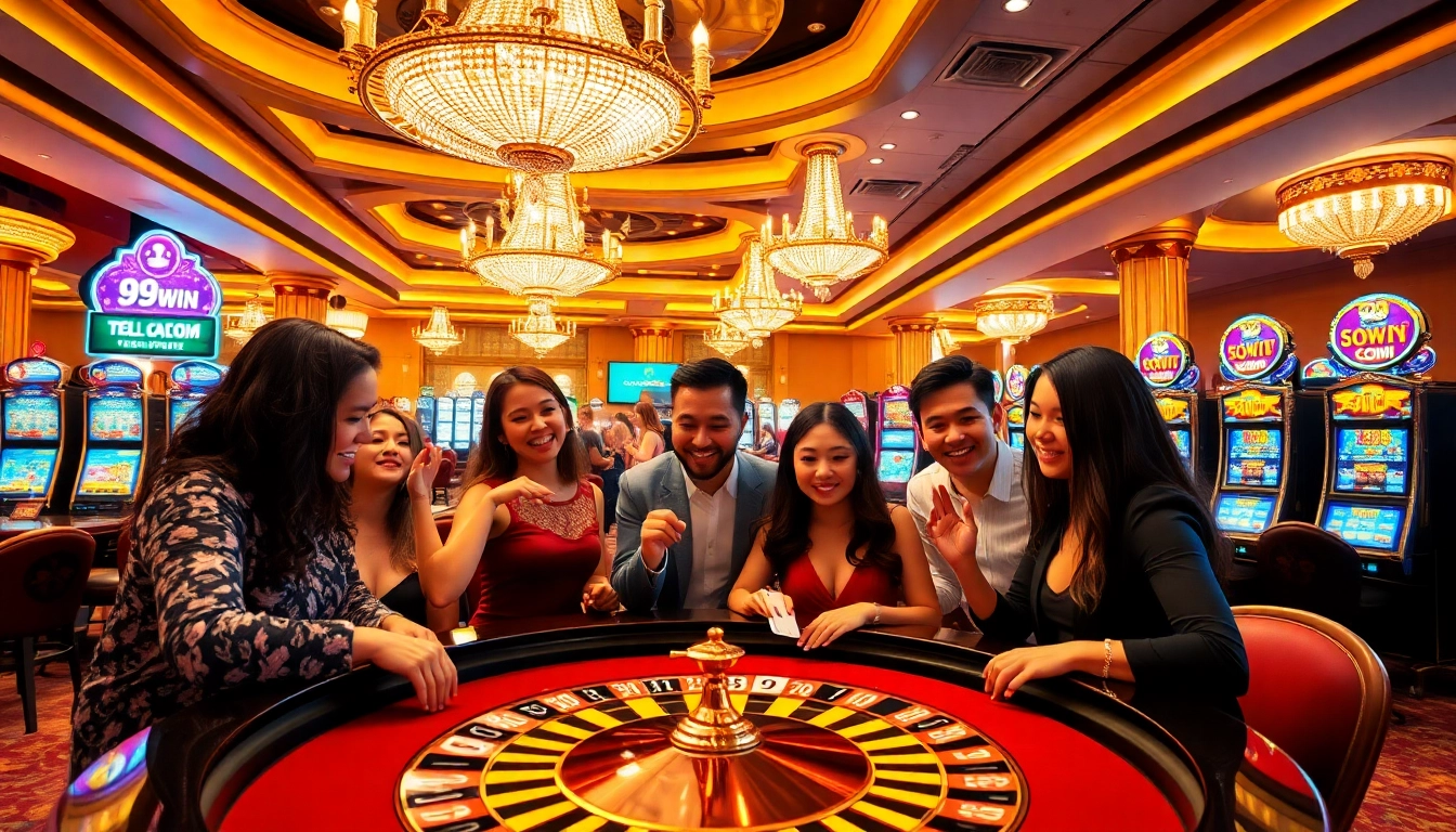 Players enjoy a glamorous gambling experience at 99WIN.COM, with roulette and poker action highlighted.