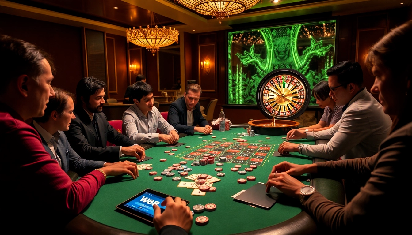 Engaging players at a W88 poker table, showcasing the thrilling essence of online gambling.
