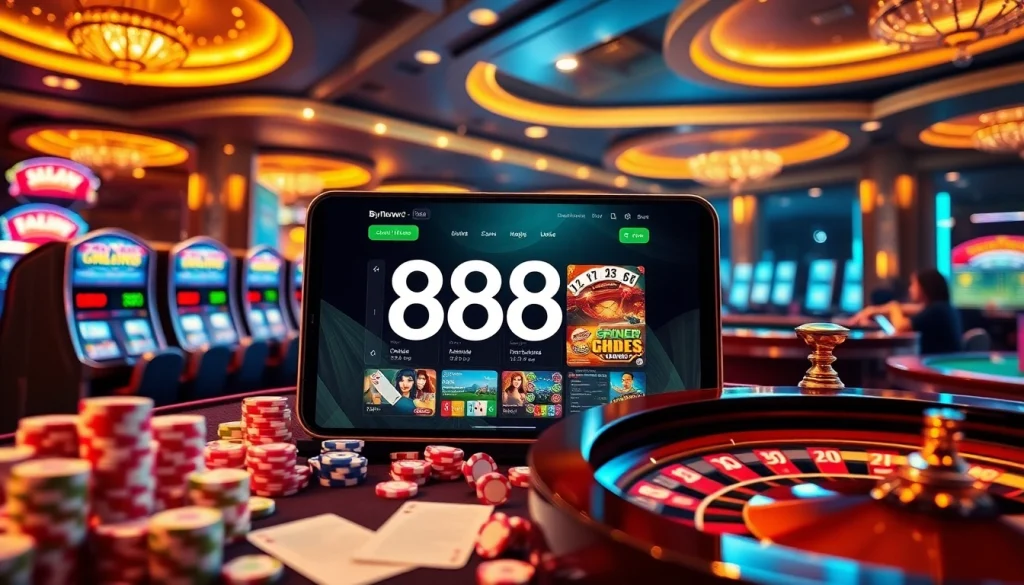 Engage in thrilling gameplay with the 888new app, featuring vibrant casino elements like roulette and slots.