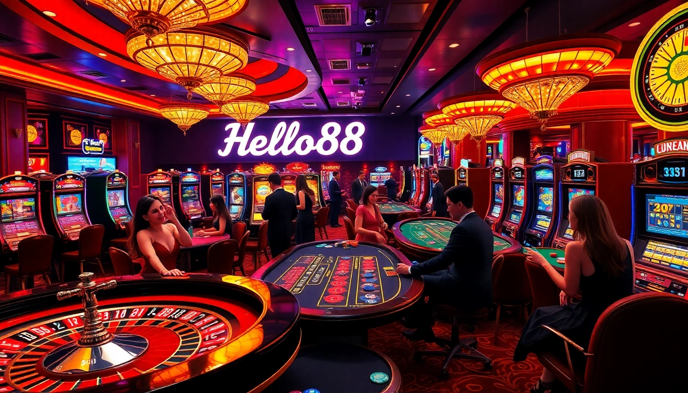 Hello88 casino scene showcasing vibrant gaming atmosphere with players at roulette and slot machines.