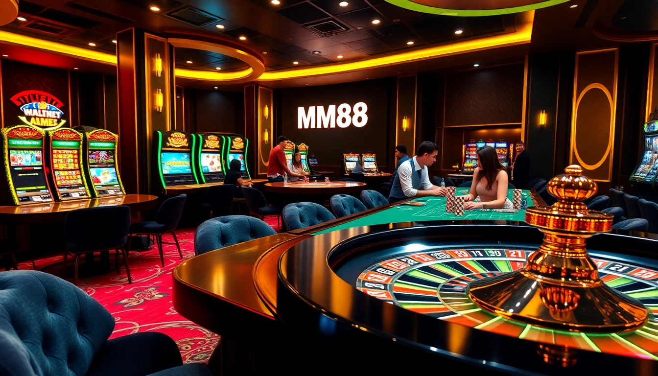 MM88 players enjoying an exciting game at a luxurious casino table with vibrant poker chips and roulette wheel.