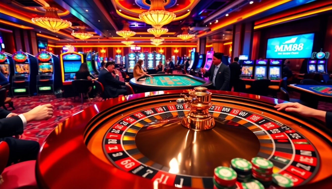 MM88 gamblers enjoying a vibrant casino experience with roulette, poker, and slot machines.