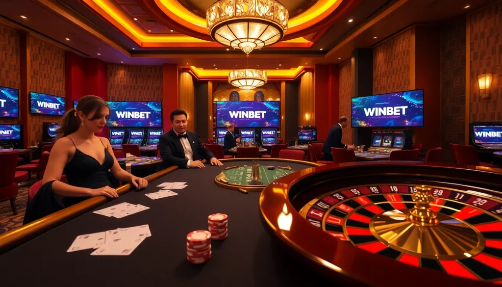 Two players at a WINBET poker table, showcasing professional atmosphere and vibrant casino ambiance.