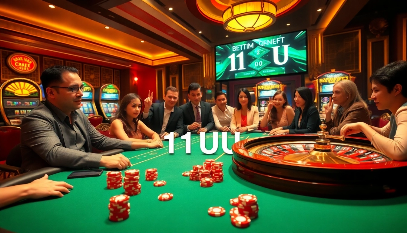 Players immerse in the thrill of casino gaming at 11UU's vibrant poker table, embracing chance and excitement.