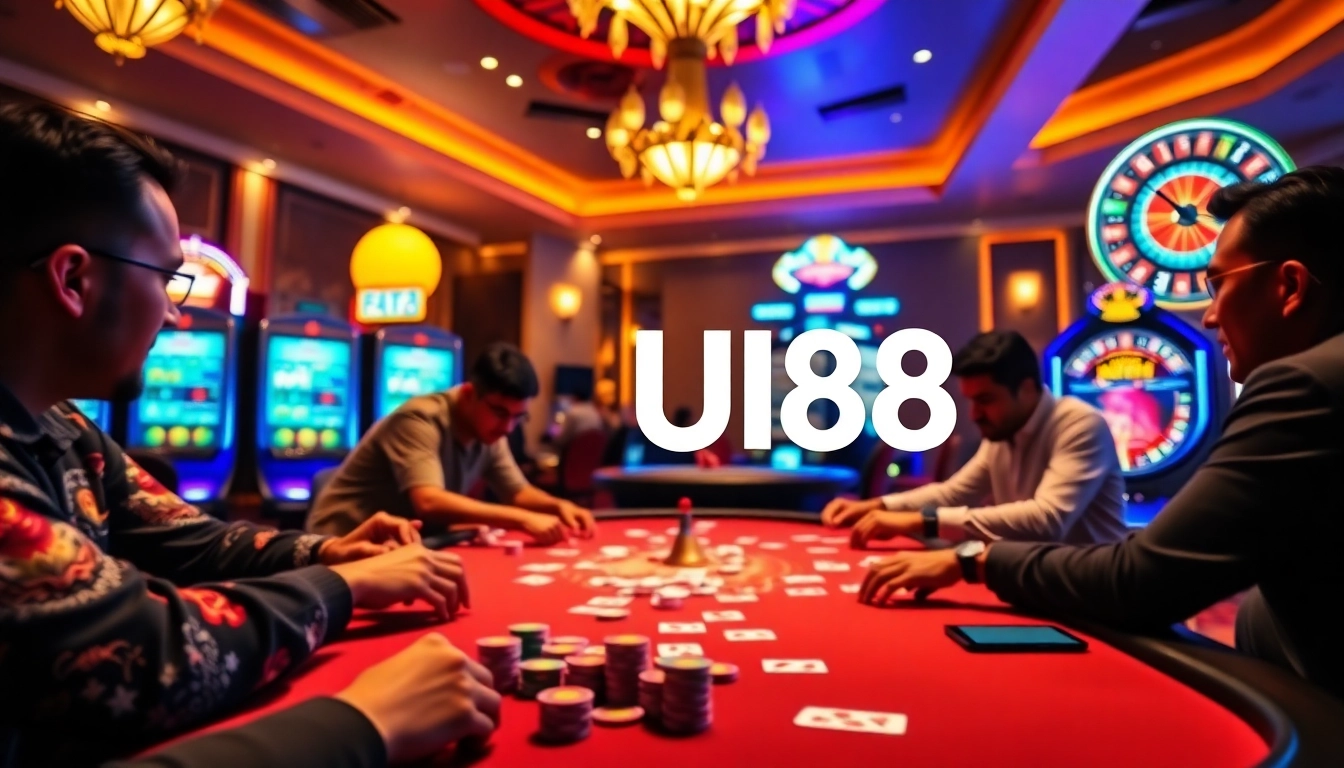UU88 poker players engaged in high-stakes action at a vibrant casino table.
