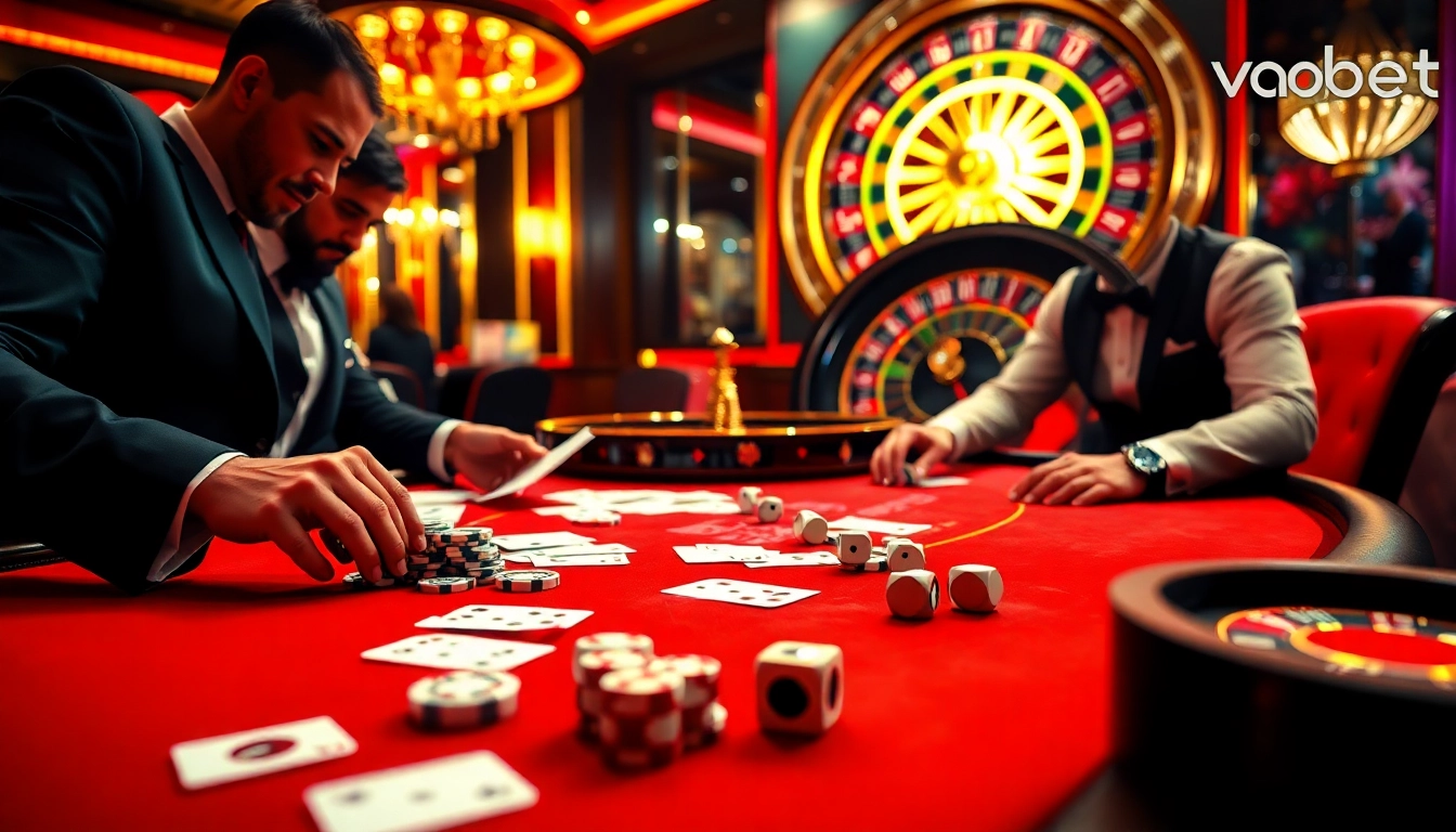 Experience the excitement of Vaobet casino with professional dealers and vibrant gaming elements.