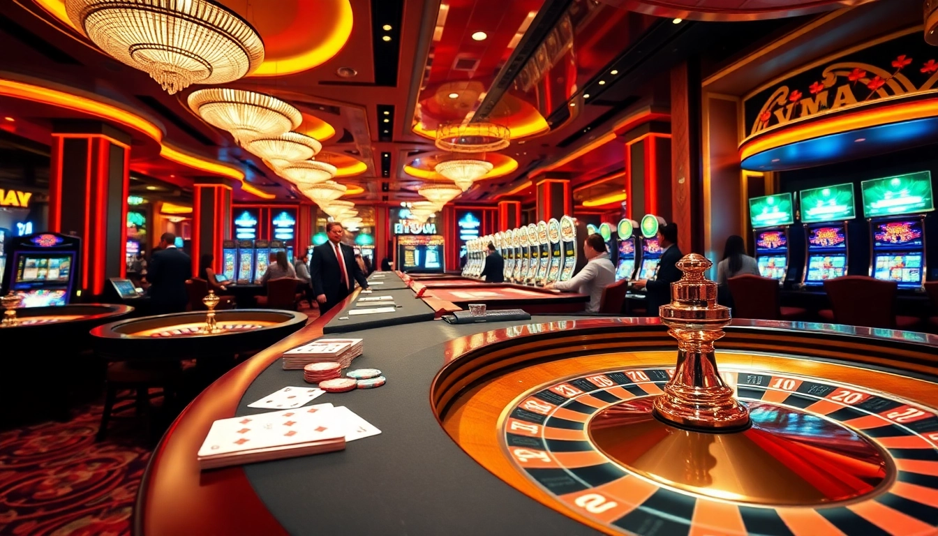 VMAX casino scene featuring vibrant tables, roulette wheels, and engaged players in a luxurious atmosphere.