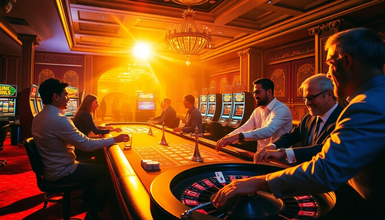 Excited players enjoying games at the premier sunwin casino, showcasing vibrant cards and chips.