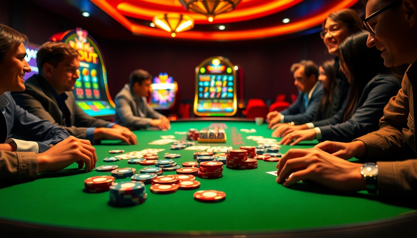 Experience the thrill of the casino with the 7c77 app, showcasing vibrant poker action and colorful chips.