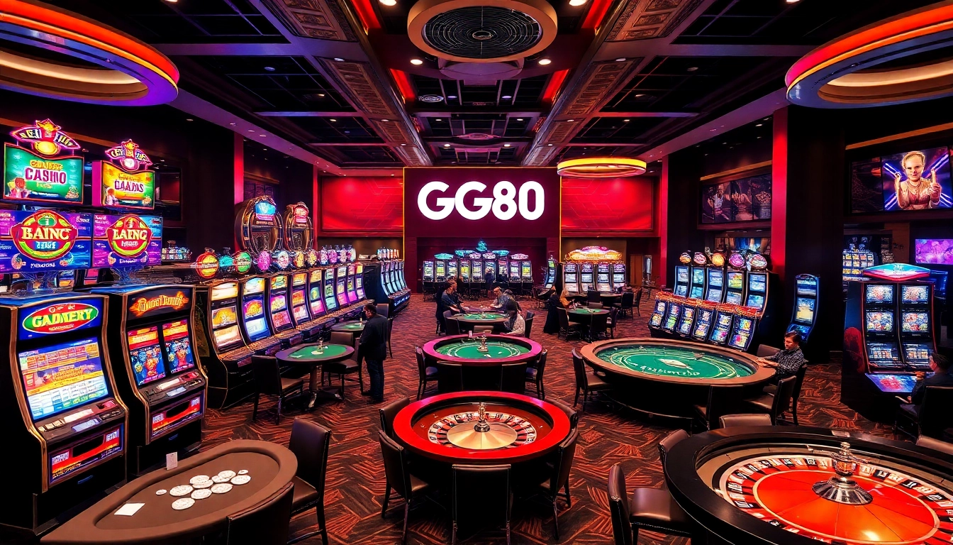 Engaged players enjoying games at GG88 casino, showcasing vibrant slots and elegant tables.