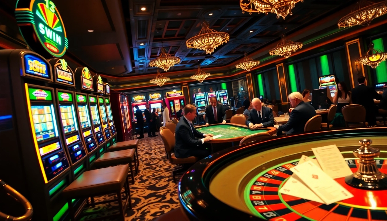 Experience the thrill of 13 Win at a dazzling casino featuring vibrant slot machines and engaged poker players.