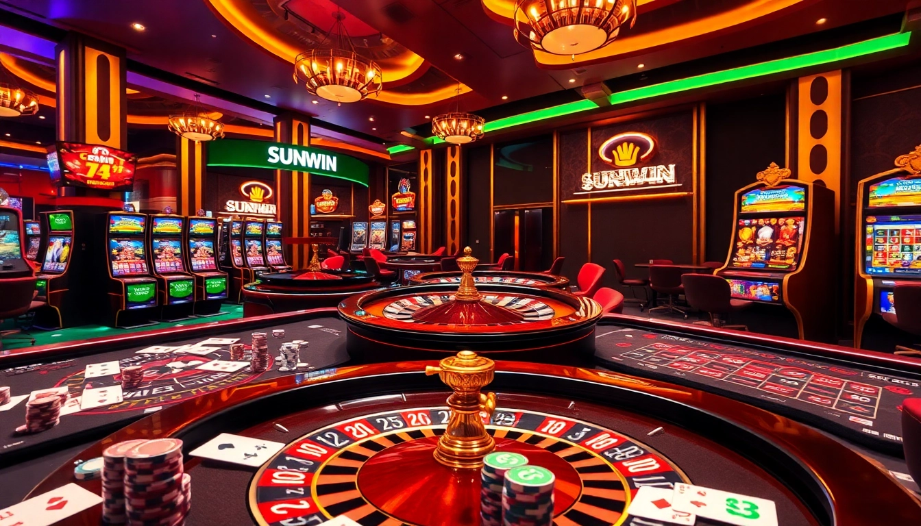 Experience exciting gaming at SUNWIN's elegant casino tables featuring roulette wheels and vibrant slot machines.