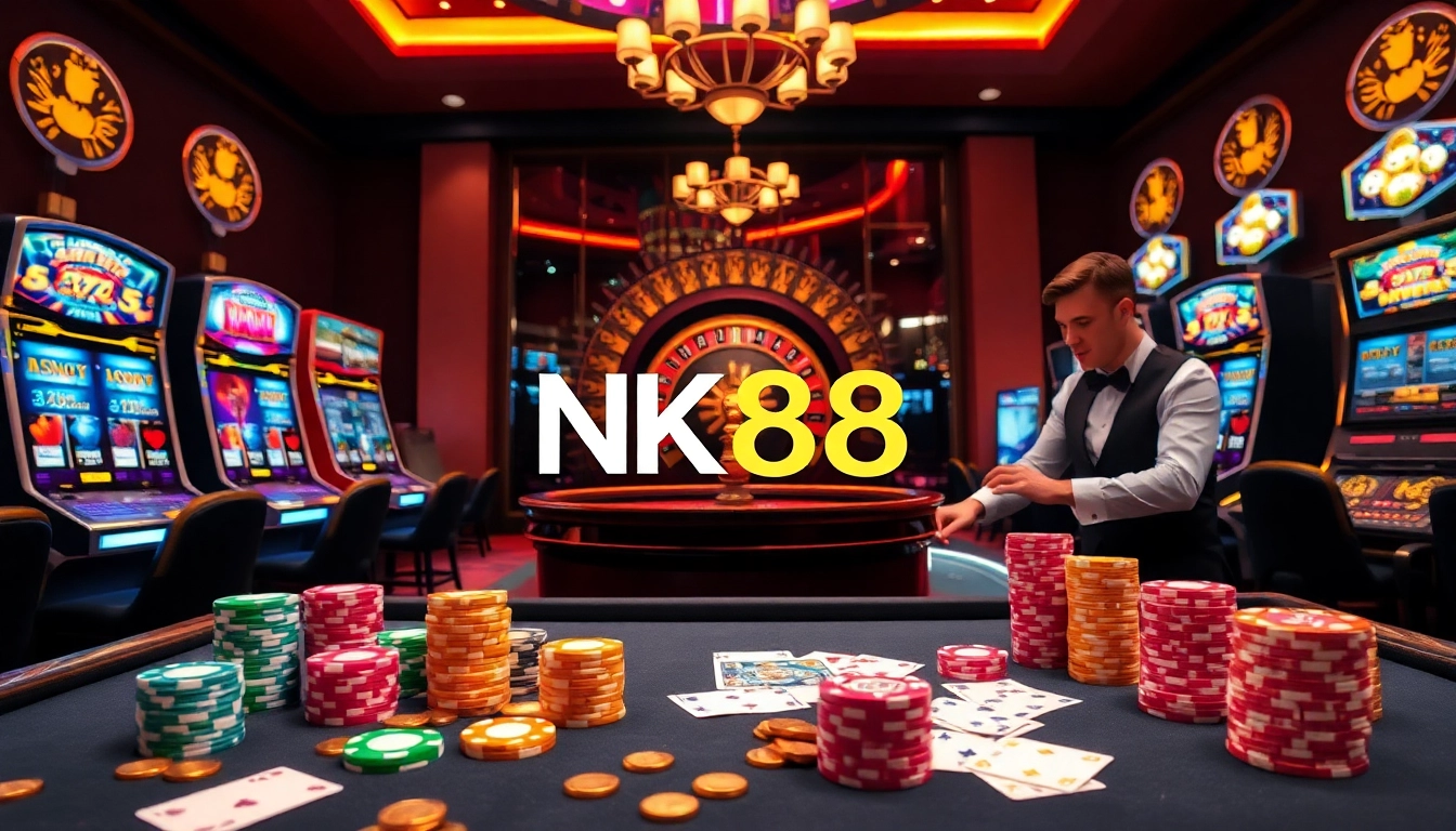 Experience the excitement of NK88 at a luxurious casino table with vibrant chips and cards.
