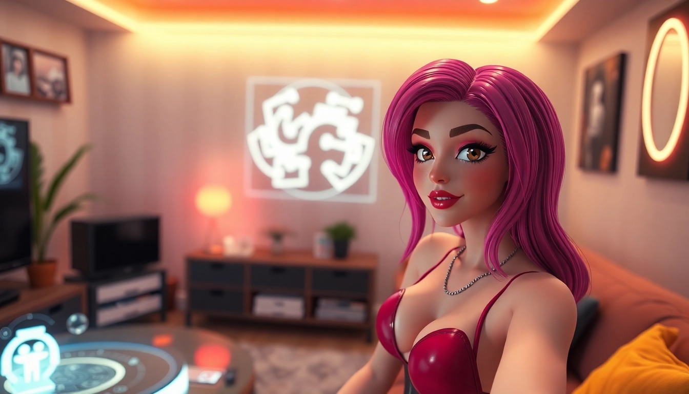 Engaging animated character for ai porn chat interactions in a playful, intimate virtual room.