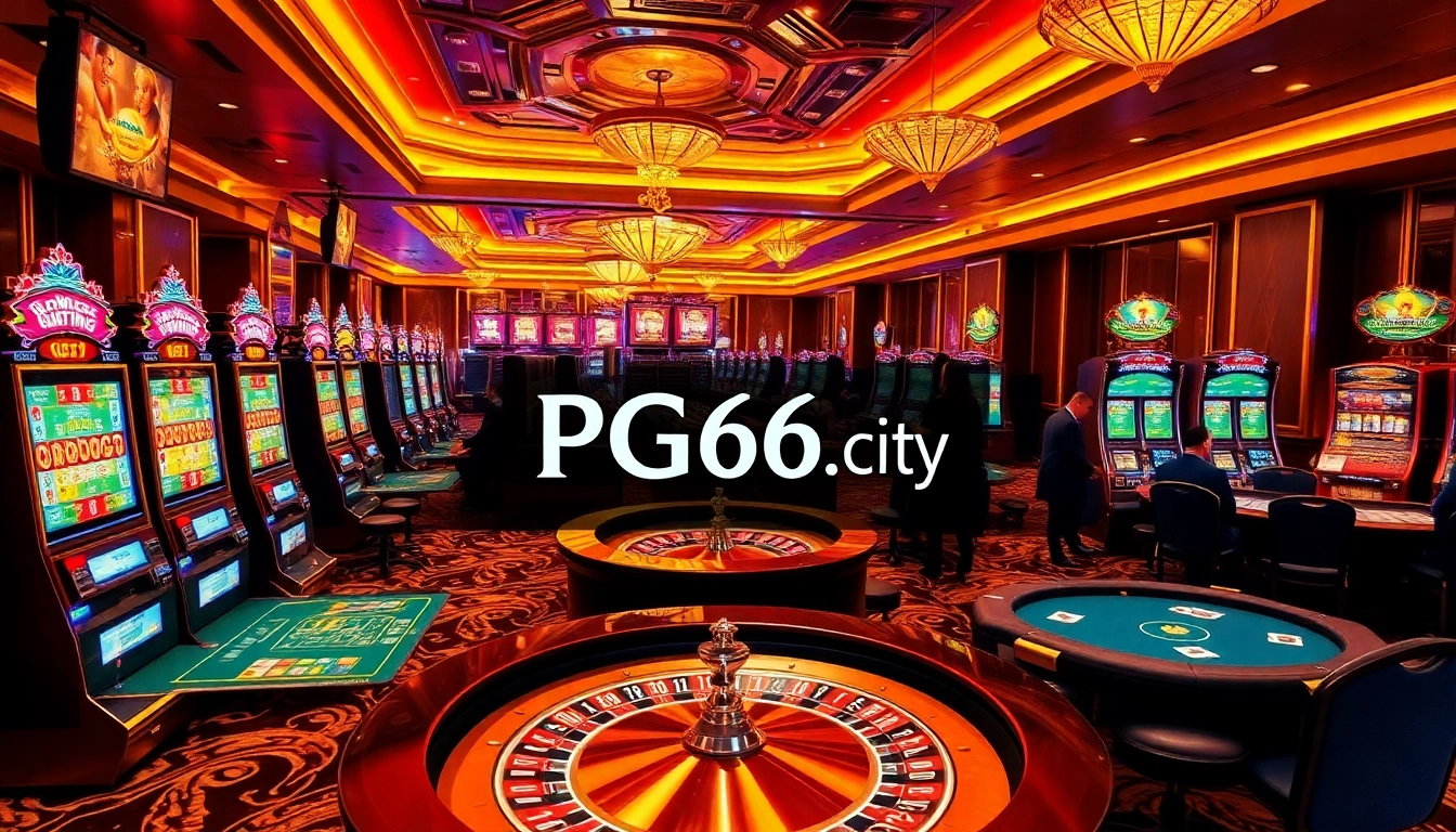 Players enjoying their time at PG66.city casino, surrounded by vibrant slot machines and poker tables.