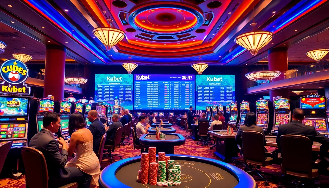 Kubet players immersed in a vibrant casino setting, enjoying slot machines and table games.