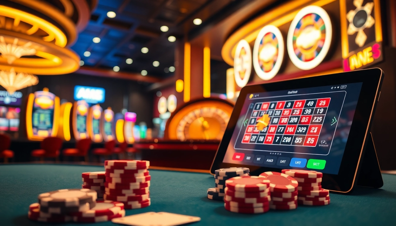 An engaging casino scene showcasing gaming tables and modern interfaces at https://mk8th.net/, inviting players to experience thrilling gambling.