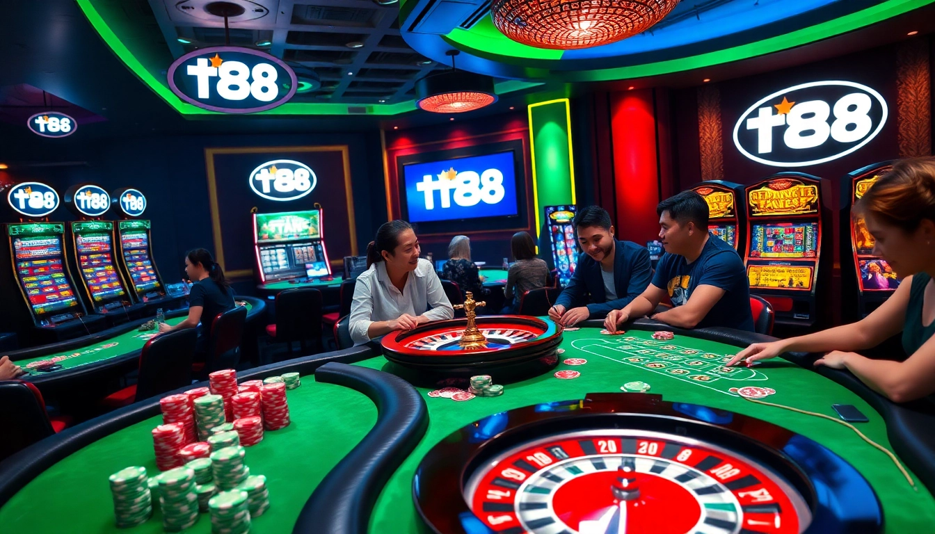 Experience the excitement of TV88's casino games with vibrant tables, poker chips, and thrilling slot machines.