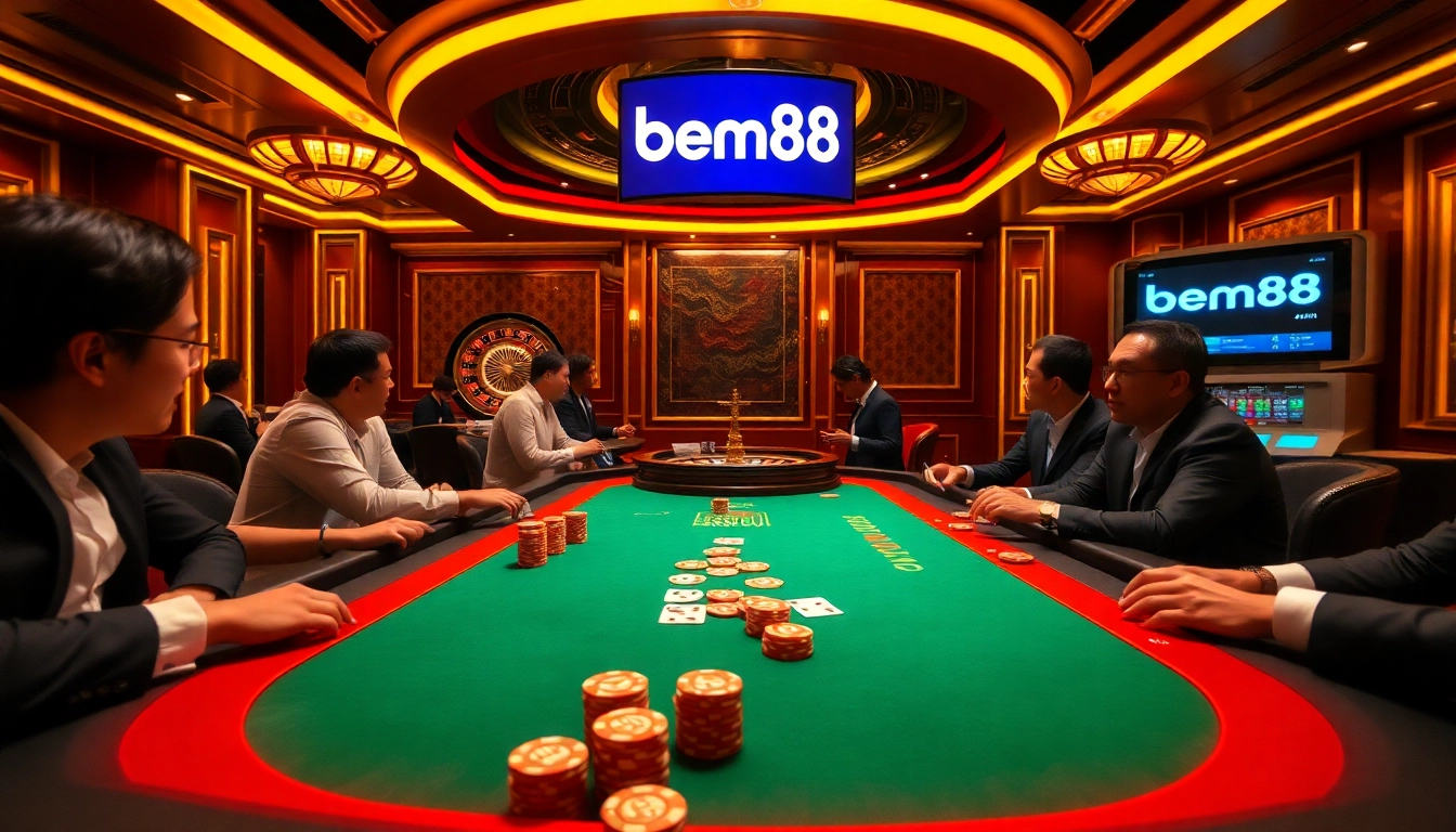 Experience high-stakes gaming with bem88 at a luxury casino poker table, vibrant chips, and roulette.